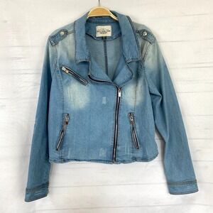 Ashley Vintage Charm Denim Moto Jacket Women L Blue Faded Distress Grunge Biker